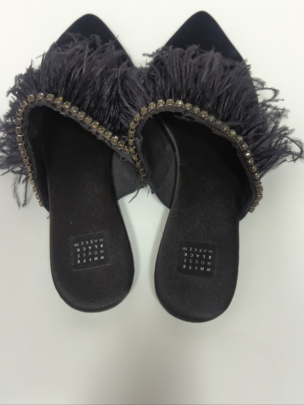 White House Black Market Sz8 Blaire Velvet Feather Mules Slides Rhinestone Chic - Picture 5 of 8